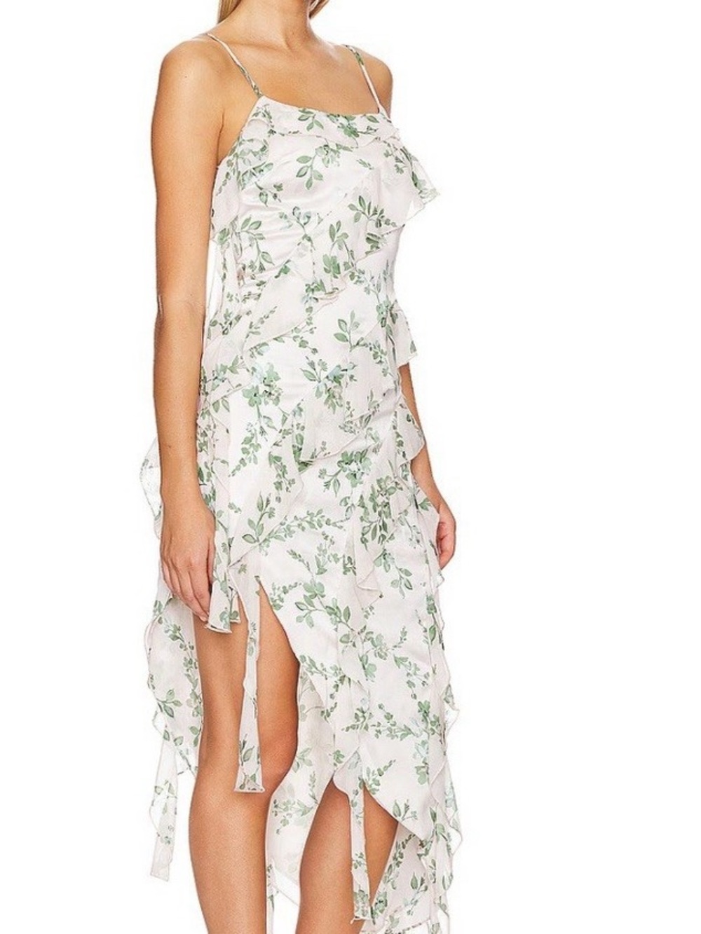 MISA Los Angeles Florance Dress in White Sage Botanica Ruffle Asymmetrical